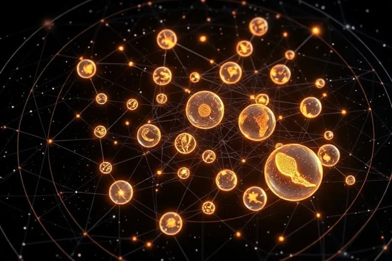 Representación abstracta de conexiones energéticas entre esferas luminosas, simbolizando la sanación de vínculos familiares a través del tiempo