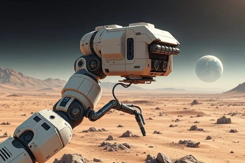 Detailed 3D render of a robotic arm performing maintenance on an extraterrestrial habitat, with Earth in the background, symbolizing AI's role in autonomous space operations.