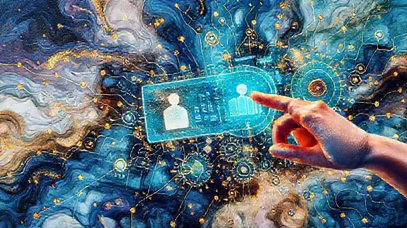 Manos humanas y digitales interactuando con una red de datos médicos