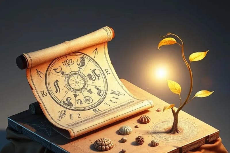 Bodegón conceptual en acuarela que simboliza el karma pasado y el potencial de crecimiento futuro.