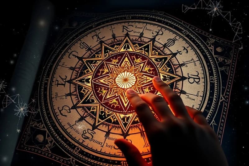 Digital painting of an ancient astrological manuscript illuminated by glowing genetic sequencing data, symbolizing the blend of old and new knowledge.