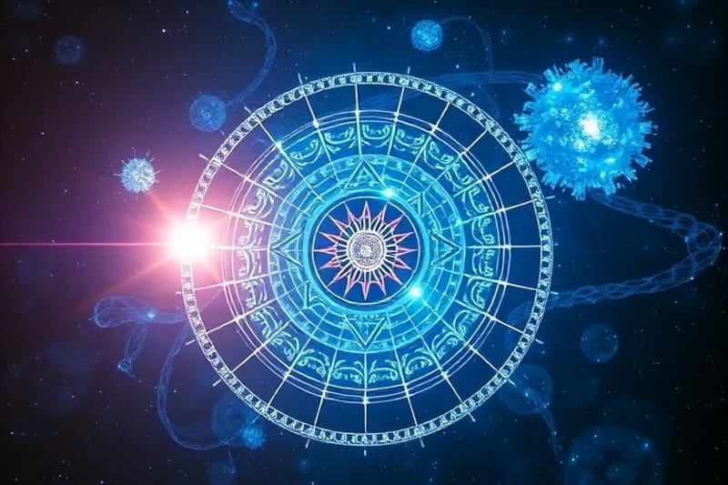 3D render of a human cell nucleus with chromosomes, surrounded by a holographic projection of a birth chart, illustrating the intrinsic link between biology and cosmic patterns.
