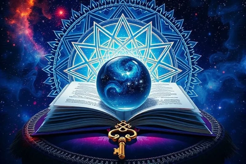 Libro abierto, cristal y llave simbolizando conocimiento