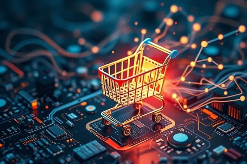 Representación abstracta de flujos de datos y viajes de usuario personalizados convergiendo en un icono de carrito de compras, con símbolos psicológicos.