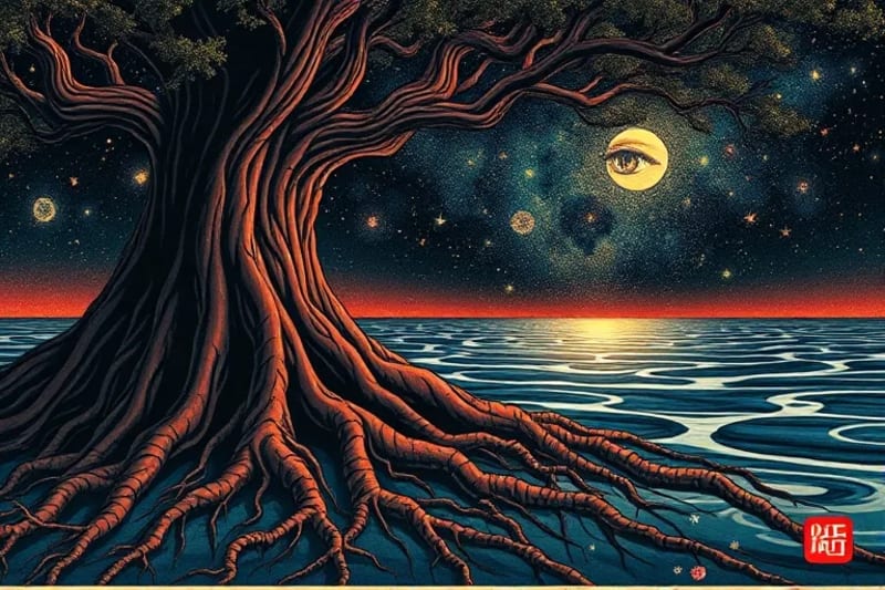 Raíces cósmicas y ojo observador en arte surrealista