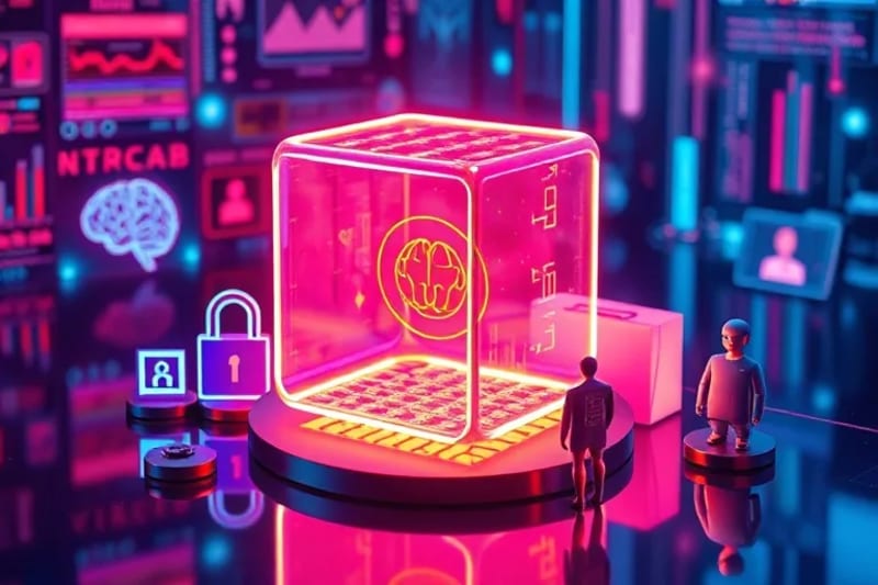 Bodegón conceptual con un cubo transparente representando datos, rodeado de un cerebro estilizado, un candado de privacidad, una bolsa de compras y una lupa sobre un perfil de usuario.