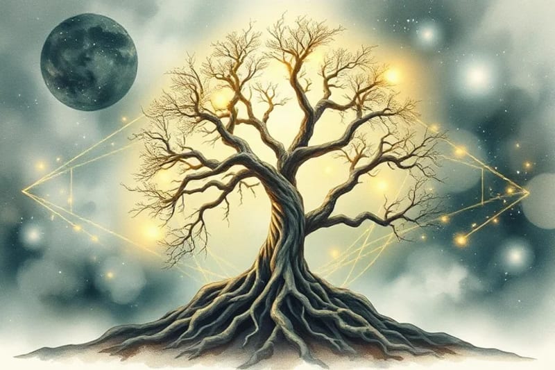 Árbol gnarled con raíces entrelazadas y luz curativa