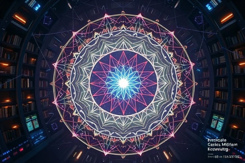 A 3D rendered neural network glowing within a futuristic library, symbolizing the vast knowledge and predictive power of AI.
