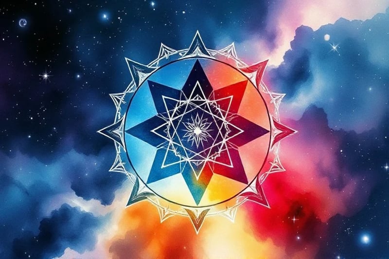 Watercolor illustration of dark, fragmented shapes dissolving into vibrant, healing colors with subtle astrological symbols, representing shadow integration.