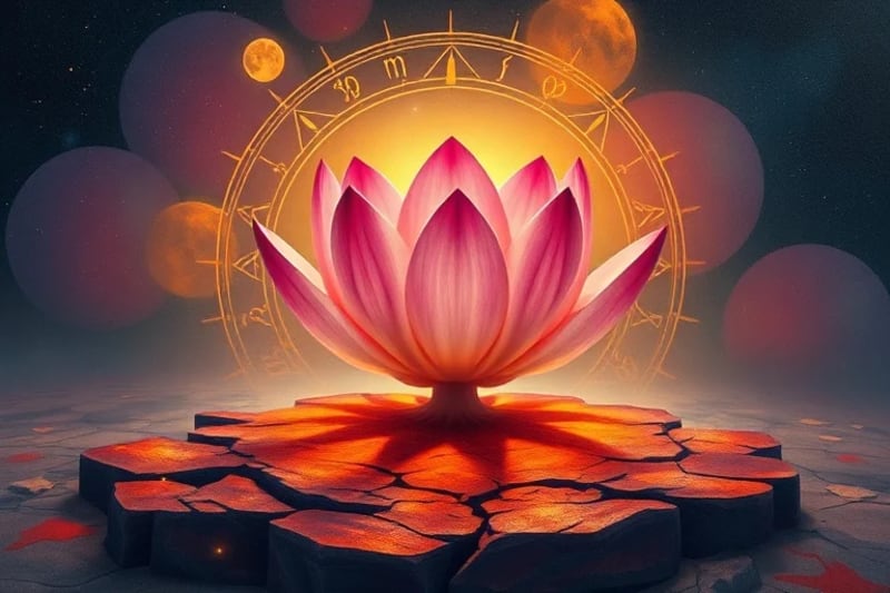 3D render of a blooming lotus flower emerging from cracked earth, surrounded by glowing geometric planetary patterns, symbolizing resilience and growth.