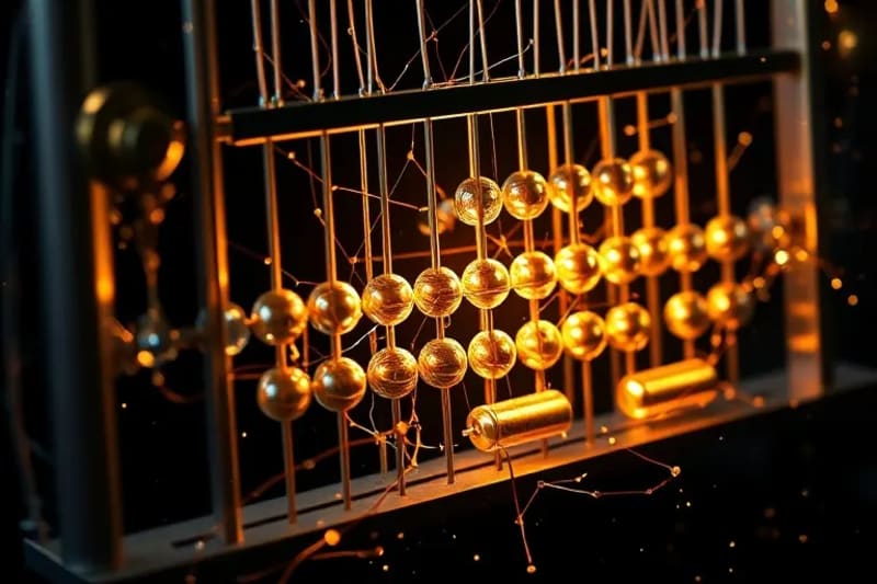 Representación abstracta de un ábaco deconstruido con elementos cuánticos y circuitos luminosos