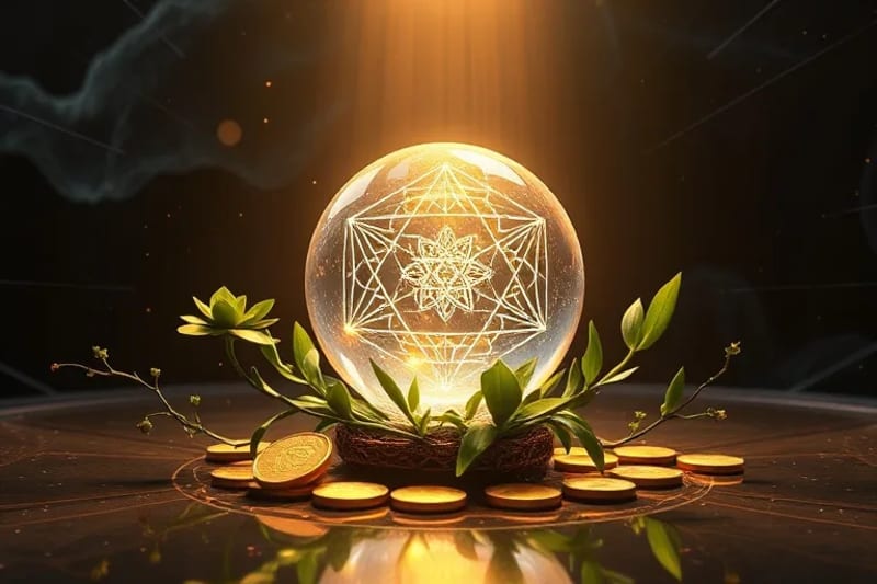Conceptual still-life with glowing crystal ball, golden coins, and vibrant plants symbolizing prosperity and growth