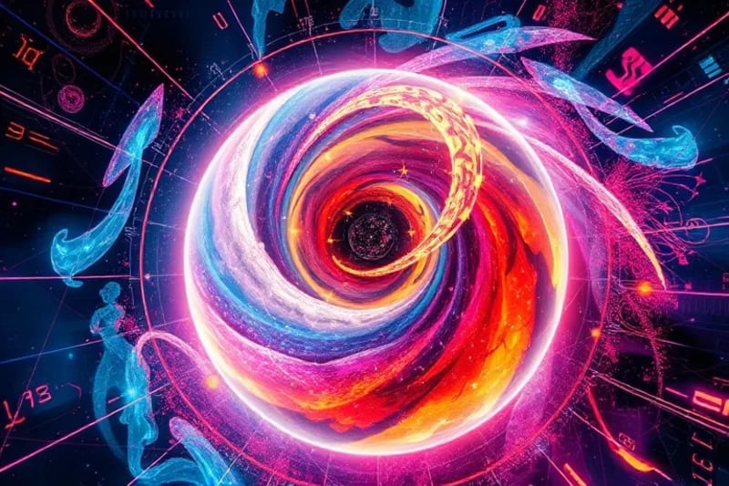 Representación artística de un vórtice de energía psíquica con símbolos planetarios abstractos, simbolizando el impacto de los tránsitos en el campo energético individual.