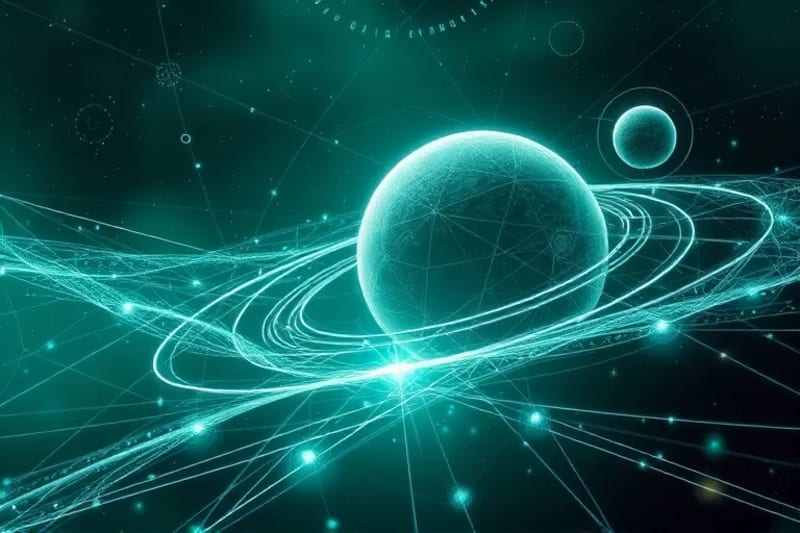 Abstract digital painting symbolizing a sustainable, interconnected space future with circular resource flows.
