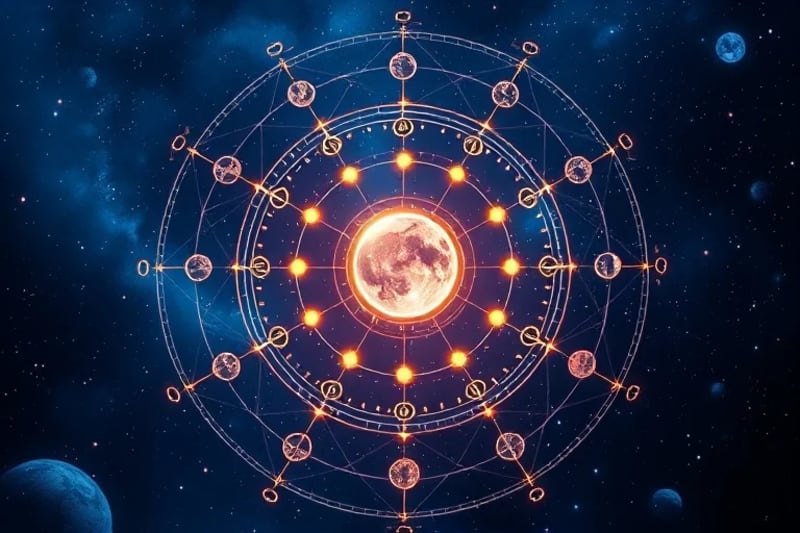 Representación abstracta de una red neuronal cósmica con nodos luminosos interconectados, simbolizando la compleja interacción de energías planetarias y su efecto en la psique.