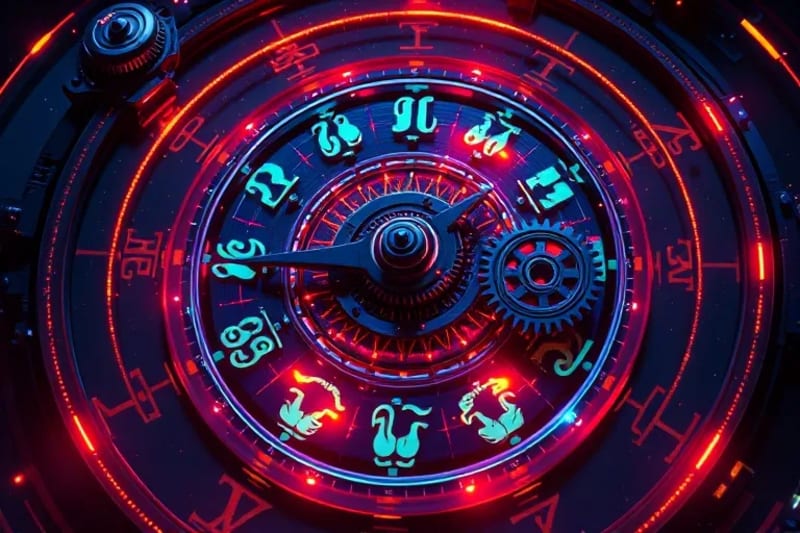 Complex clockwork mechanism where gears are made of cosmic dust and starlight, with some gears seemingly moving in perfect, uncaused synchronicity