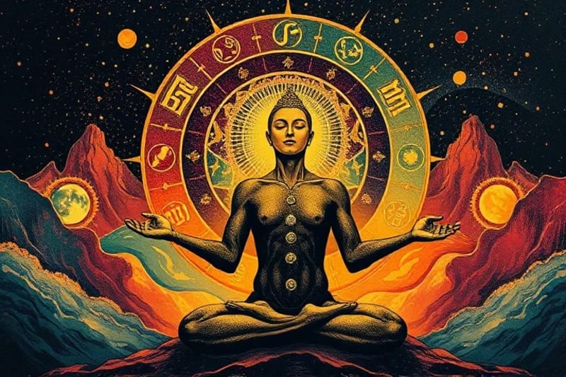 Persona meditando con un aura luminosa y ondas sonoras emanando del chakra de la garganta, tocando símbolos de abundancia.