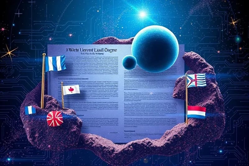 Stylized legal contract with virtual and cosmic elements