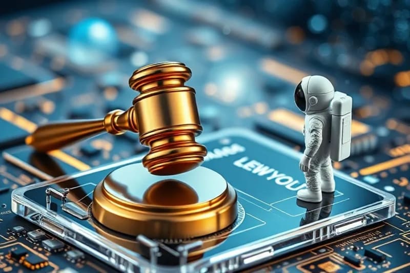 Gavel on digital tablet with astronaut figurine