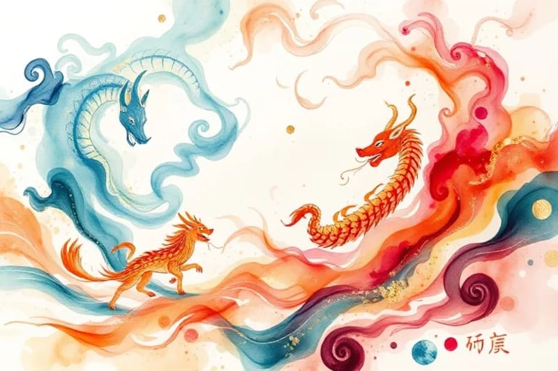 Watercolor depiction of animals in the Great Race crossing a river