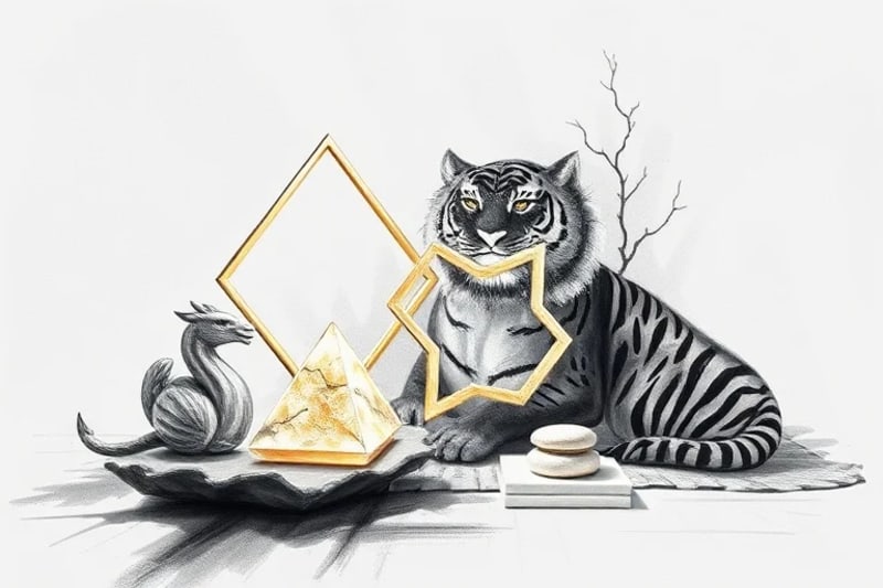3D render of abstract geometric shapes with subtle zodiac animal textures