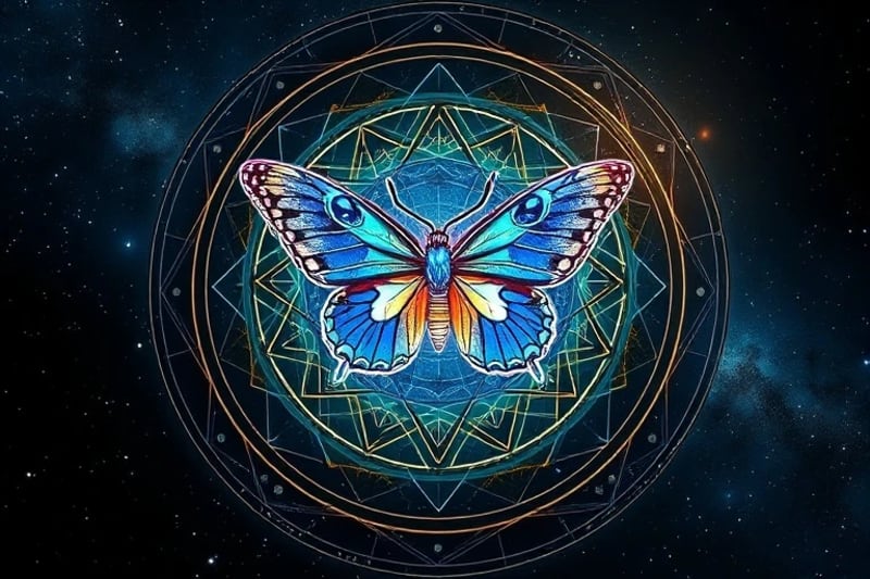 A chrysalis transforming into a butterfly with abstract planetary orbits and subtle Tarot card motifs in the background, symbolizing profound change.