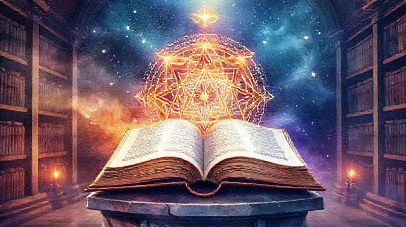 An open ancient book with glowing hermetic symbols emerging from its pages, intertwined with delicate planetary rings, in a mystical library.