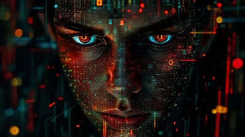 Representación digital perturbadora de rostros humanos distorsionados fusionándose con interfaces digitales y símbolos monetarios, simbolizando el fraude financiero por deepfake.