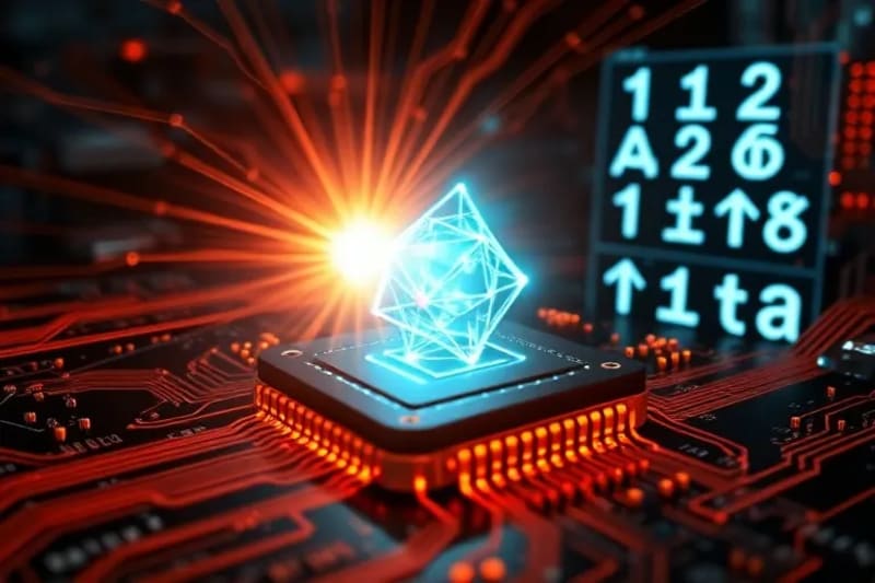 Visualización conceptual de un procesador cuántico emitiendo energía disruptiva, contrastado con un escudo protector de símbolos criptográficos cuánticos, simbolizando la defensa contra amenazas cuánticas.