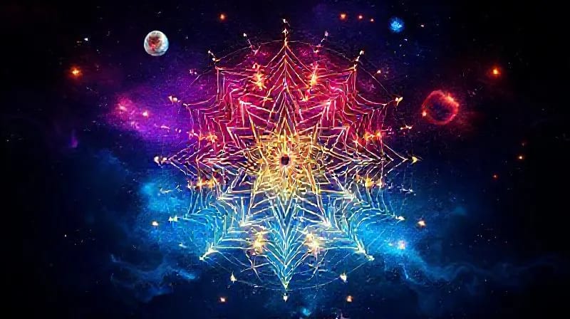 Ilustración vectorial de símbolos planetarios interactuando con elementos de interfaz de usuario futuristas y avatares digitales.