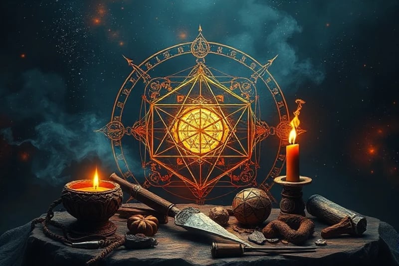 Still-life of alchemical tools and a glowing Platonic solid