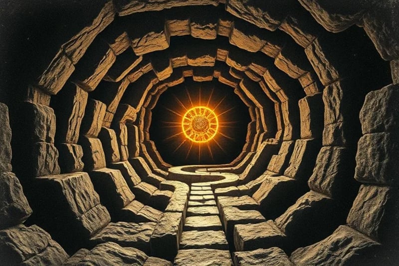 Laberinto de caminos iluminados y sombríos con orbe central