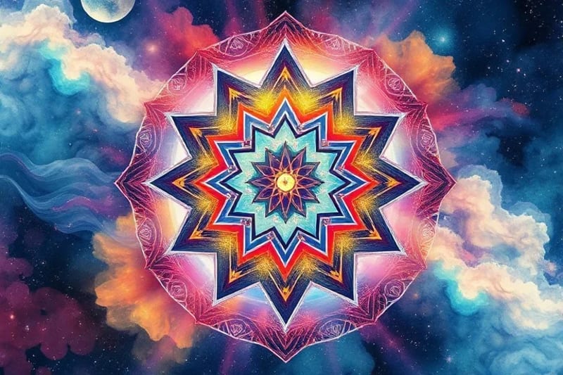 Pintura acuarela de energías fluyendo entre símbolos astrológicos y raíces ancestrales, representando la conexión kármica