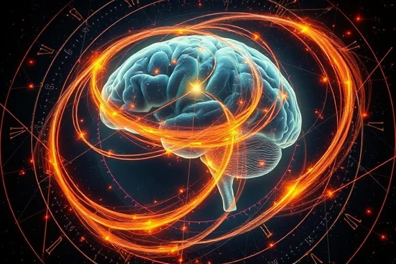 Representación abstracta de energías planetarias interactuando con la mente humana, simbolizando la influencia de los tránsitos en la psicología.