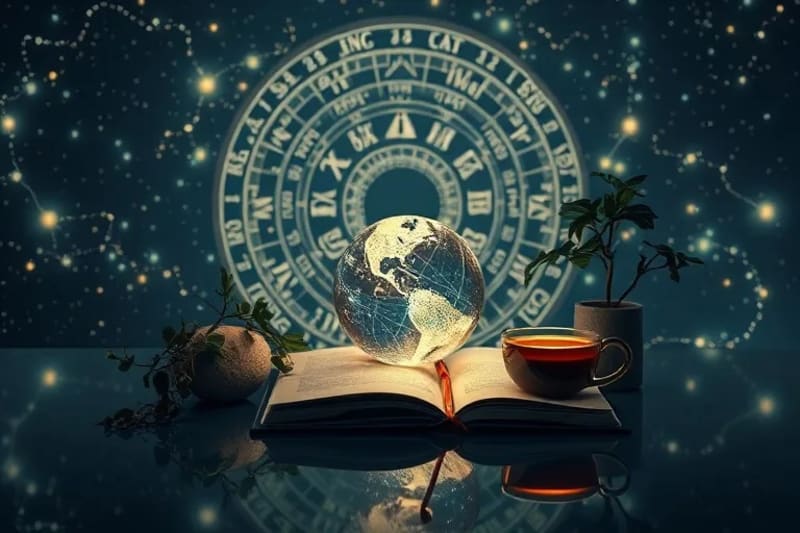 Colección de herramientas astrológicas y elementos de bienestar, simbolizando la integración de la astrología en la vida diaria.