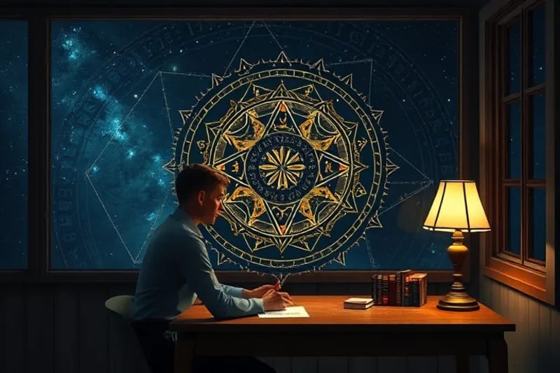 Person studying an astrological chart with lunar mansion symbols.