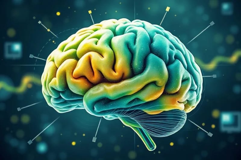 Watercolor depiction of abstract brain activity with symbols of learning and memory, such as books and musical notes, blending into fluid colors.