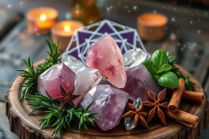 Cristales y hierbas en tabla de madera