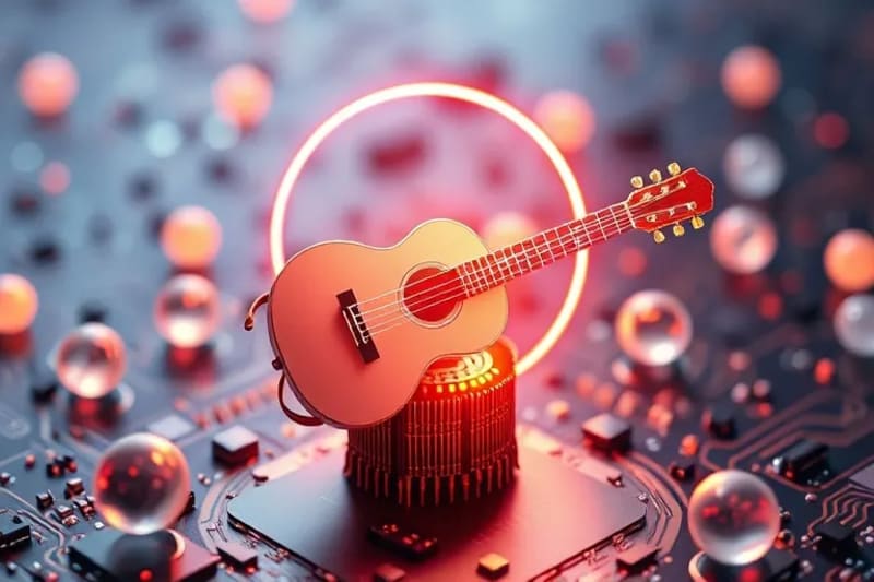 3D render of abstract shapes and light, forming a delicate musical instrument and calming spheres, symbolizing mental well-being and therapeutic effects of music.