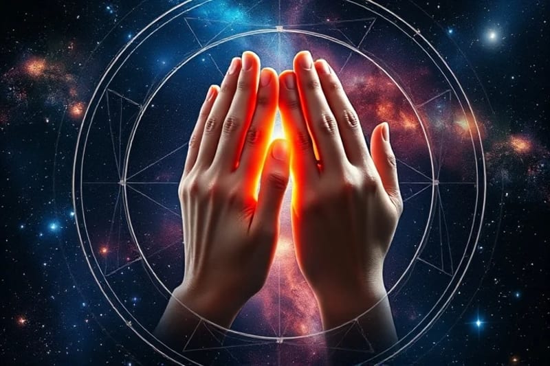 Two cosmic hands intertwining under shimmering fixed stars, symbolizing relationship destiny and synastry in a dreamlike digital painting.