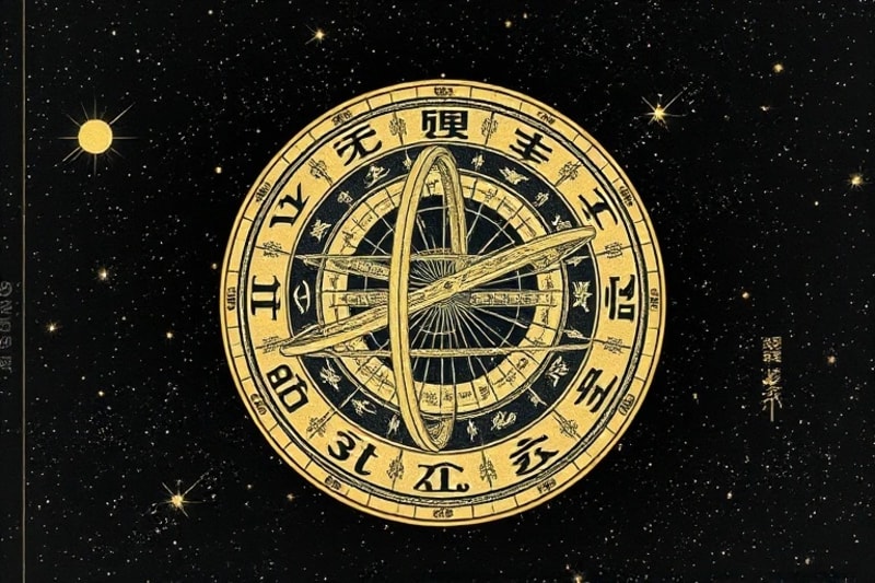 An antique armillary sphere with zodiacal signs and glowing fixed stars, representing esoteric symbolism and celestial mechanics in a 3D render.