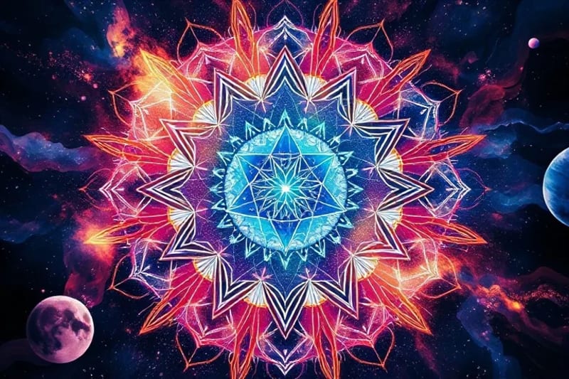 Abstract watercolor depicting interconnected esoteric symbols and binary code