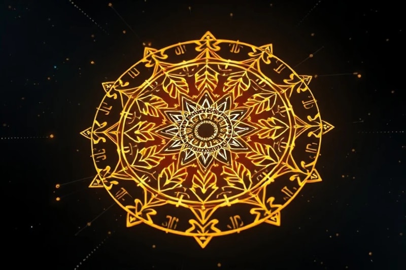 3D rendered algorithmic mandala with circuits and data streams