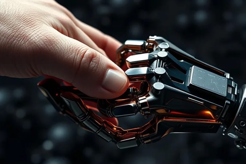 Digital painting of a human hand gently touching a cybernetic hand, symbolizing ethical interaction and the blurring lines of identity.