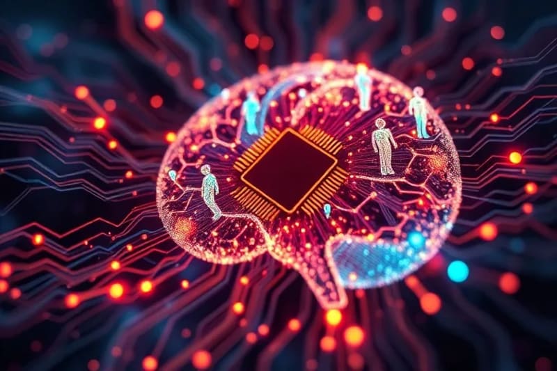 Abstract 3D render of luminous data streams and neural patterns forming a stylized brain, with ethereal human-like figures, representing digital consciousness.