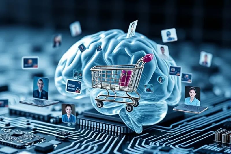 Conceptual 3D render of a brain model surrounded by data icons for personalization