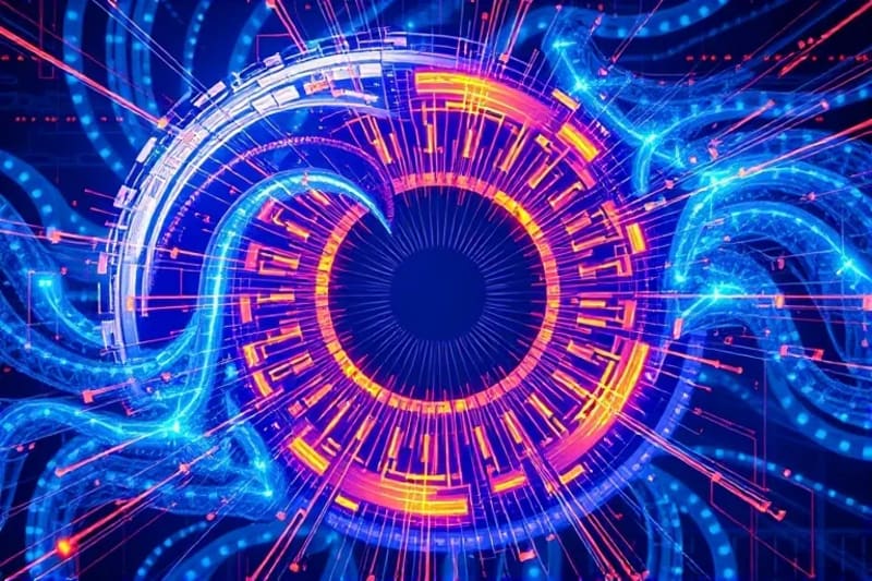 Representación abstracta de datos y algoritmos de IA interactuando con un símbolo de fusión nuclear, simbolizando la optimización y el análisis.