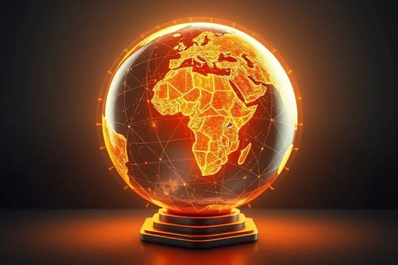 Un globo terráqueo estilizado con patrones de energía luminosos y un chip de IA integrado, simbolizando la energía de fusión sostenible y su impacto global.