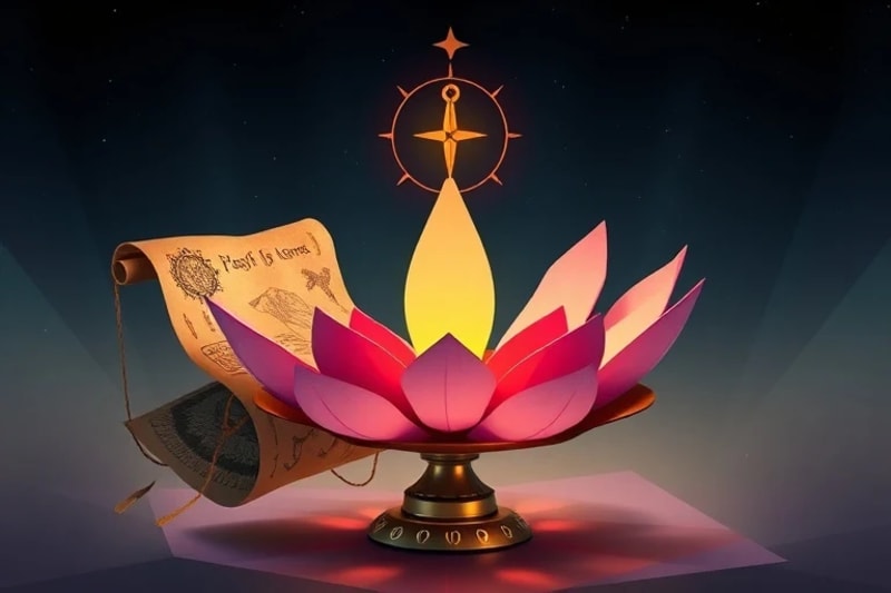 Balanza estilizada que compara pergaminos antiguos y un mapa con una flor de loto y una brújula, simbolizando el equilibrio entre el pasado y el futuro