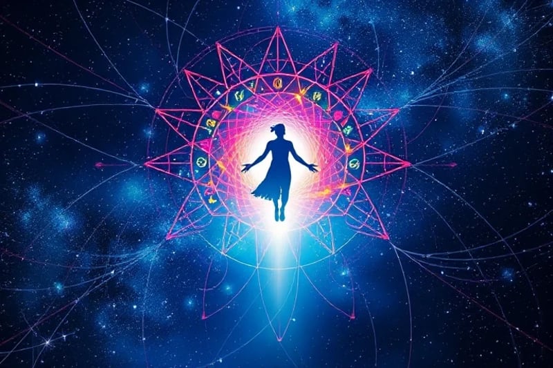 Silueta humana abstracta alcanzando un vórtice de luz, rodeada de hilos energéticos entrelazados que simbolizan conexiones kármicas y patrones familiares